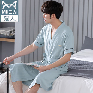 猫人睡袍男夏季莫代尔棉短袖薄款日系青少年和服春夏浴袍男士睡衣
