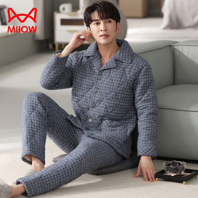 猫人睡衣男款冬季男士纯棉三层加厚夹棉加绒高街风秋冬款2025新款