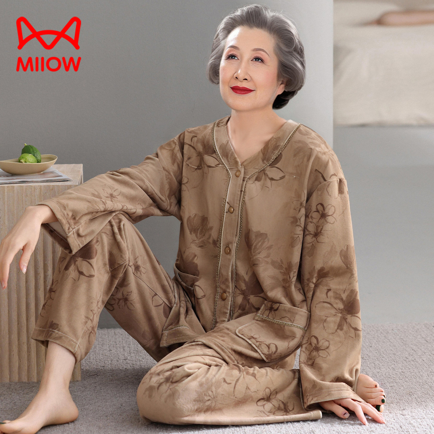 猫人睡衣女秋冬海岛绒保暖春秋中老年人妈妈奶奶薄款珊瑚绒家居服