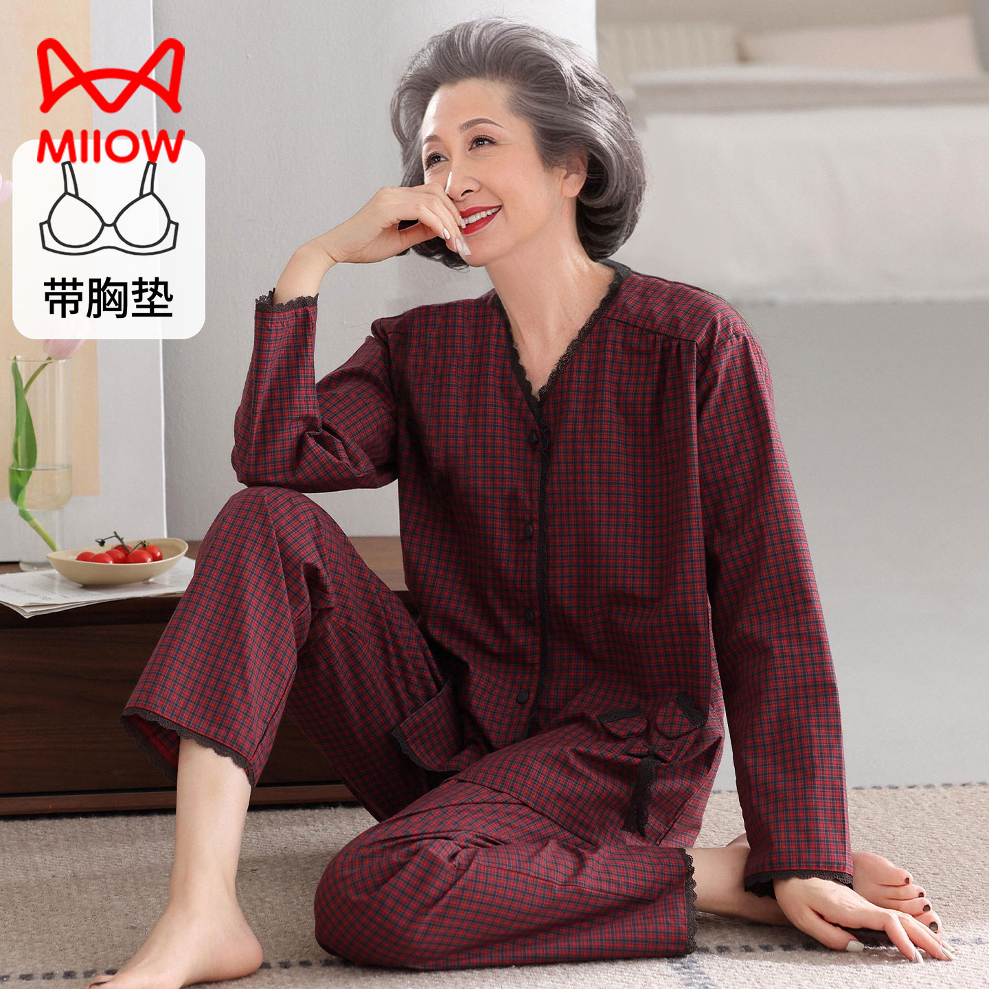 猫人带胸垫睡衣春秋季中老年妈妈纯棉长袖套装可外穿大码老人套装