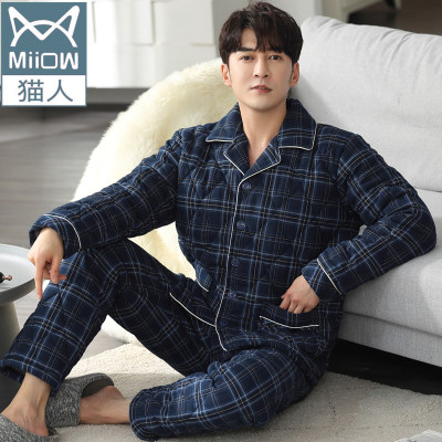 猫人冬季三层夹棉加大码格子睡衣