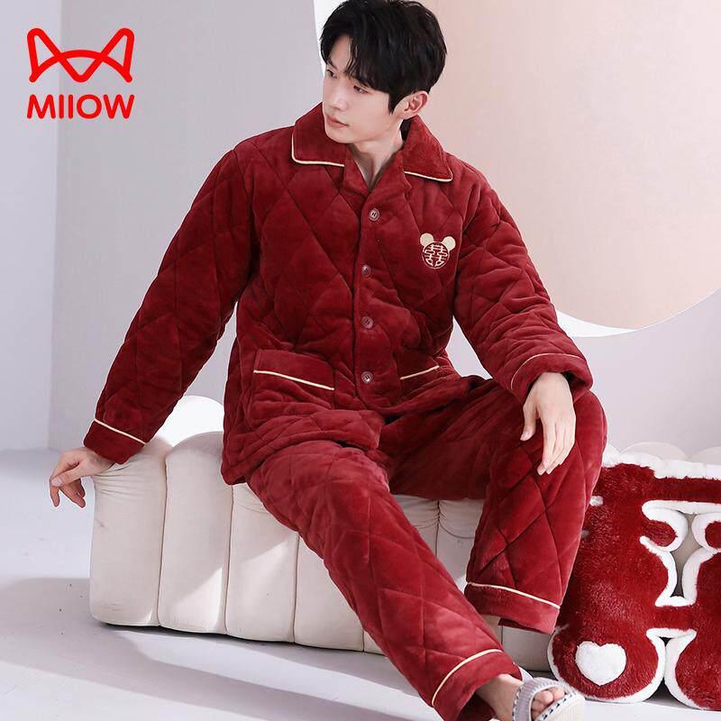猫人睡衣男大码冬季珊瑚绒大红色套装加厚三层夹棉加肥加大家居服