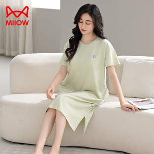 睡衣2025新款 薄款 夏裙子冰丝居家裙 睡裙女带胸垫纯棉短袖 猫人夏季