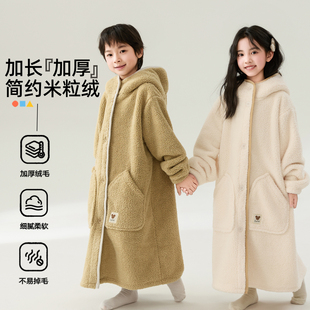 加厚青少年纯色睡袍长款珊瑚绒儿童日系家居服男女生外穿毛绒外套