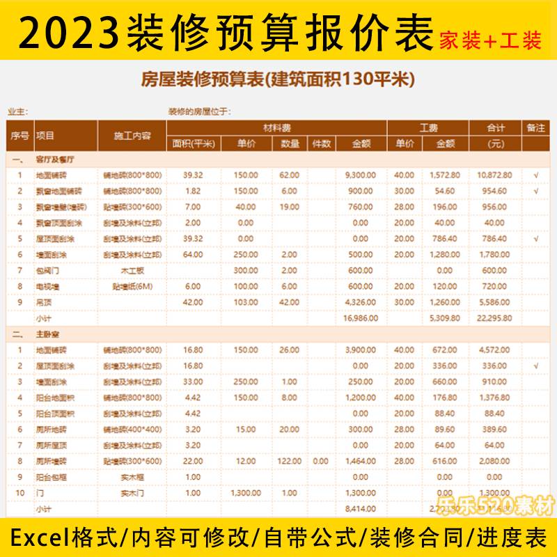 2023家装工装房装修预算报价模板材料价格清单全包半包预算表模板