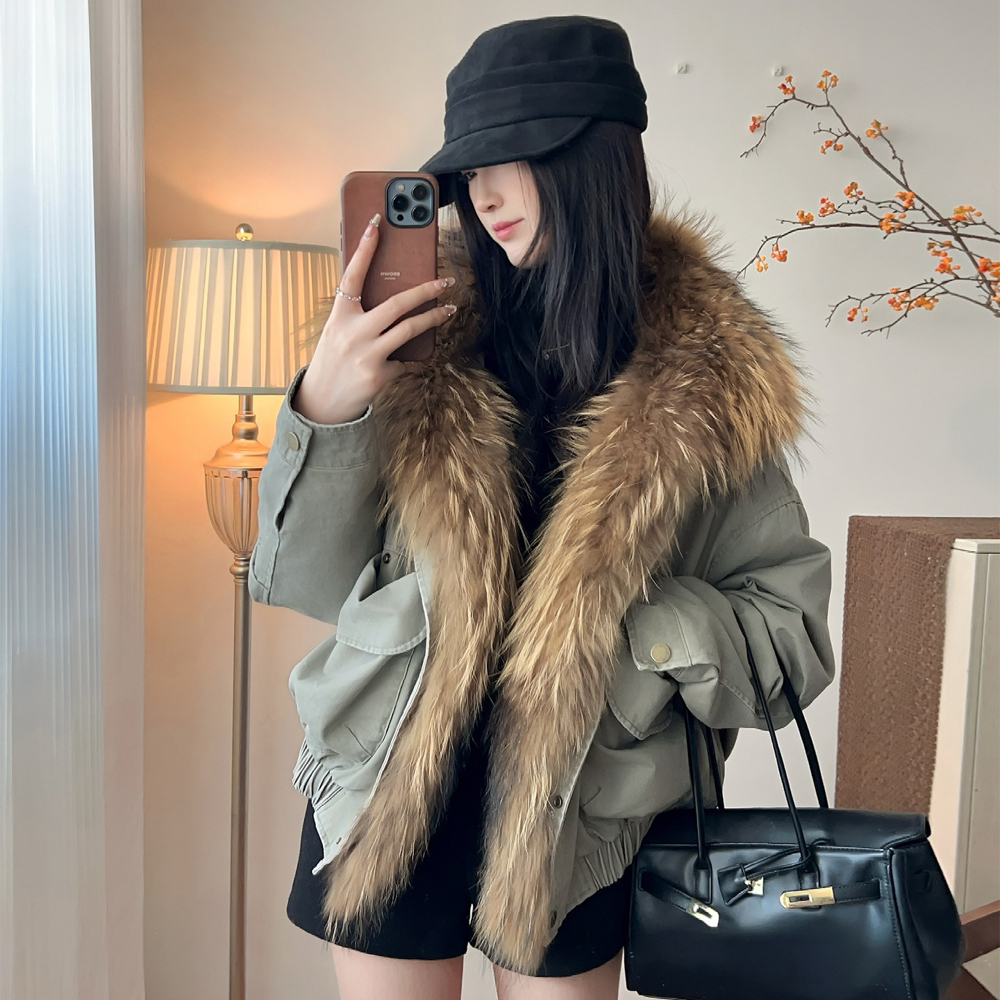 貉子毛大毛领皮草外套鹅绒羽绒服女冬短款2025新款派克服宽松显瘦