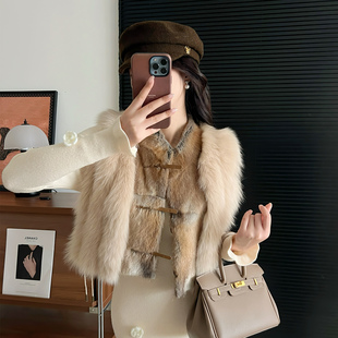 背心外套 女短款 韩女千金青根貂拼接狐狸毛皮草马甲2025新款 秋冬季