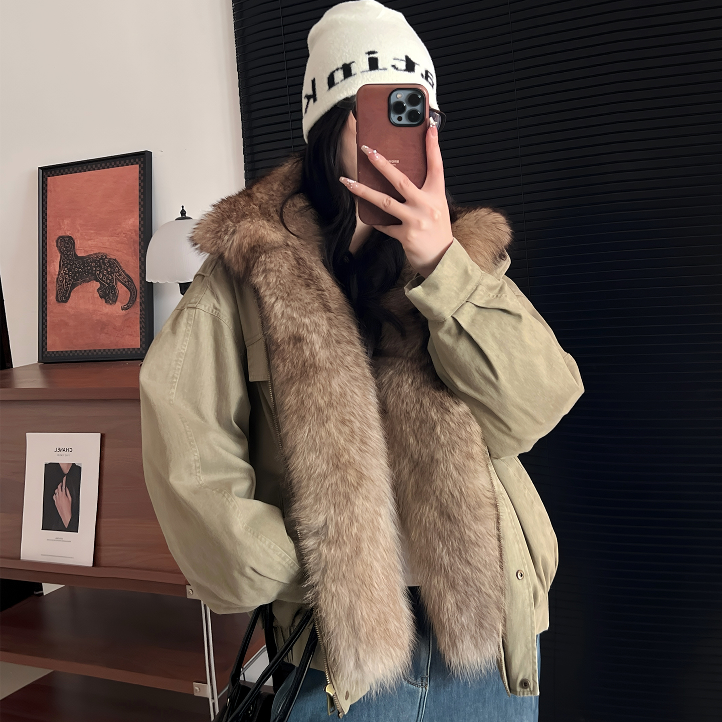 90鹅绒羽绒派克服美洲貉皮草外套