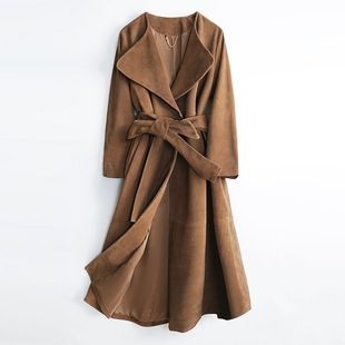 TF听风真皮皮衣2024秋冬新款 麂皮绒面女气质腰带外套牛皮反绒风衣