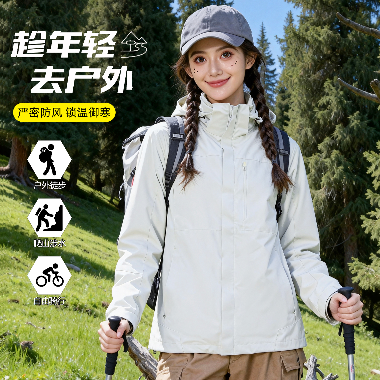 香港山系潮牌冲锋衣男女款三合一两件套可拆卸外套冬季滑雪登山服