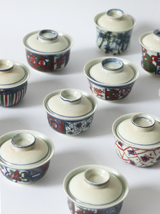 三生器物·有闲釉下手绘青花红蓝彩满绘复古青花茶器盖碗杯子