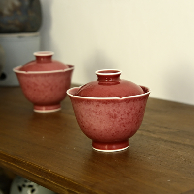 三生盖碗景德镇豇豆红