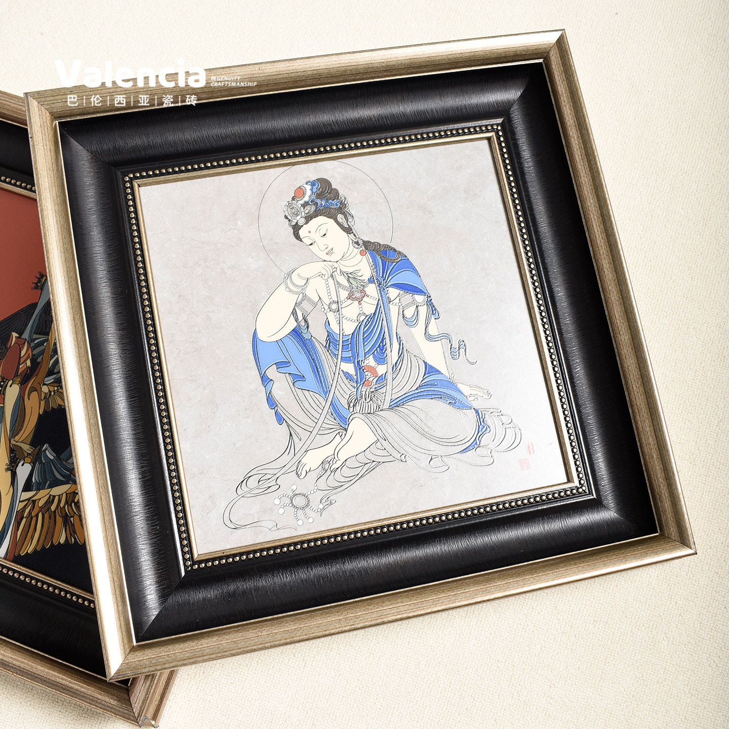 手绘观音佛像陶瓷板画有框装饰画版画禅意客厅玄关寺庙挂画30x30