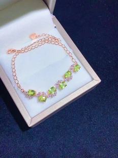 天然橄榄石手链4乘5 925银精工镶嵌天然彩色宝石首饰饰品