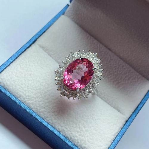 粉托帕戒指 10乘14 925银精工镶嵌彩宝红宝石时尚饰品