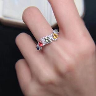 天然彩蓝宝戒指方3 3乘4 925银精工镶嵌彩宝排戒