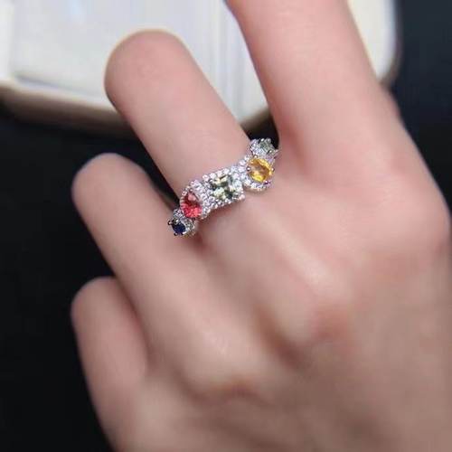 天然彩蓝宝戒指方3 3乘4 925银精工镶嵌彩宝排戒