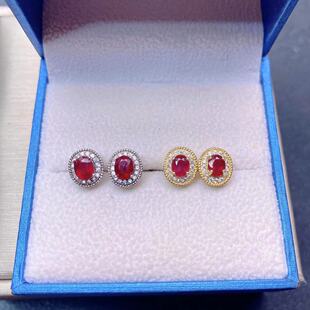 天然无烧鸽血红红宝石耳钉4乘5 925银精工镶嵌天然彩宝首饰
