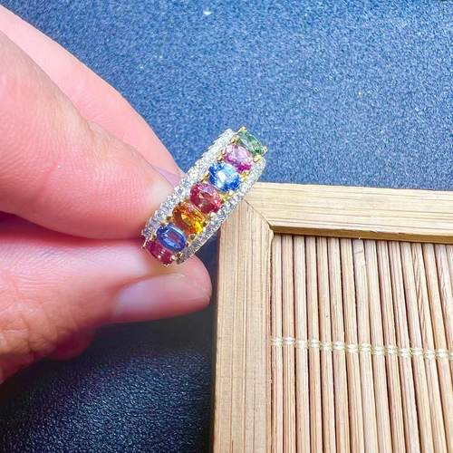 天然彩色蓝宝石戒指排戒 3乘4 925银精工镶嵌天然彩宝首饰