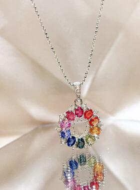 天然彩色蓝宝石甜甜圈吊坠3乘4 925银精工镶嵌珠宝彩宝首饰