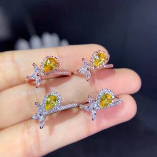 天然黄蓝宝戒指4乘6 925银精工镶嵌 天然蓝宝石彩宝