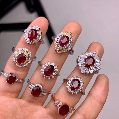 红宝石戒指新烧 6乘8 925银精工天然红宝石彩宝厂家销售一手货源
