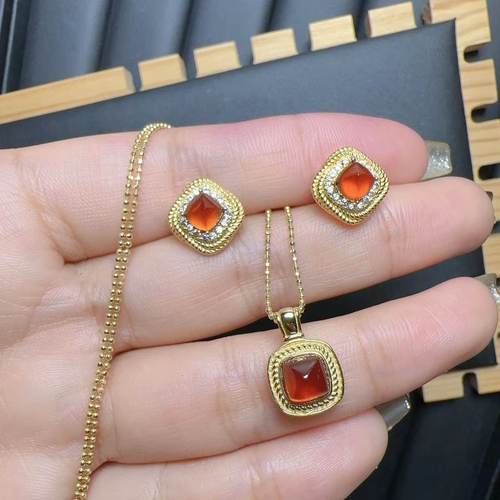 天然芬达石吊坠耳钉方6 925银精工镶嵌彩宝首饰