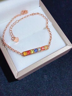 天然彩蓝宝手链方3 925银精工镶嵌 时尚手链红蓝宝彩宝