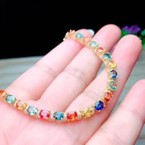 天然彩蓝宝手链4乘5 925银精工镶嵌 红蓝宝石彩宝