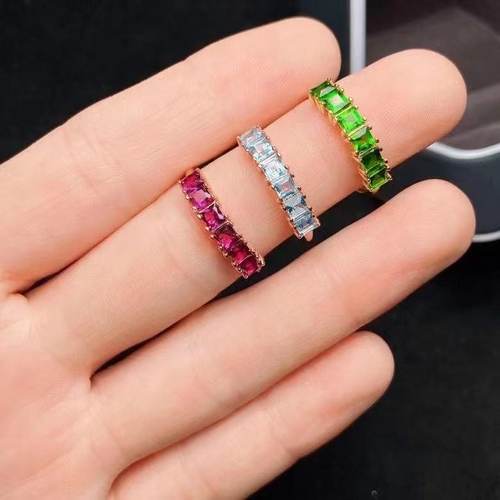 天然彩色宝石排戒方3透辉石镁铝石托帕石戒指925银精工镶嵌