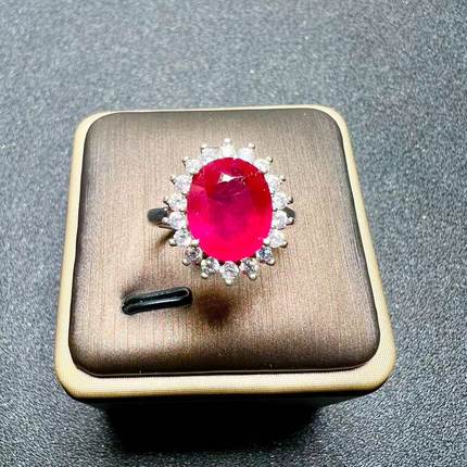 天然红宝石新烧戒指925银精工镶嵌9乘11