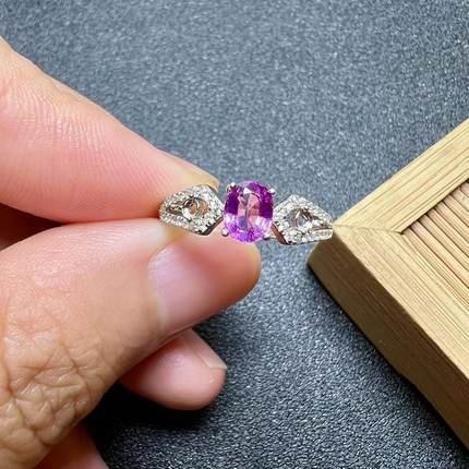 天然粉蓝宝戒指5乘7 925银精工镶嵌天然红蓝宝石戒指首饰