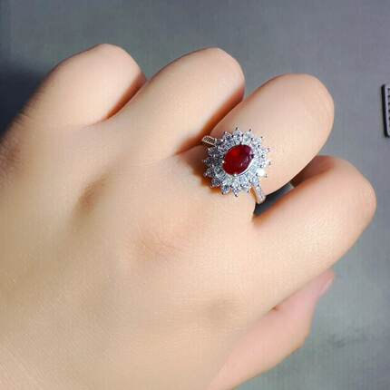 天然鸽血红红宝石戒指5乘7戴妃款925银精工镶嵌 彩宝首饰