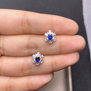 天然斯里兰卡蓝宝石耳钉皇家蓝色3乘4 925银精工镶嵌天然彩宝首饰