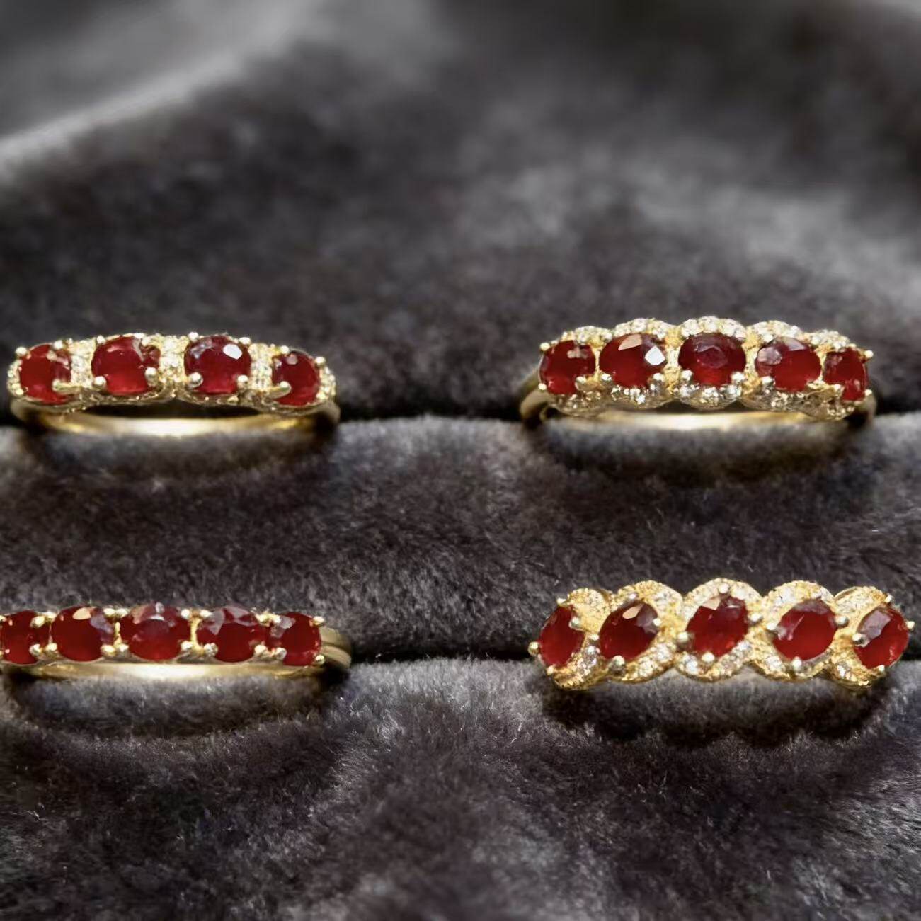 天然鸽血红红宝石排戒戒指3乘4 925银精工镶嵌彩宝珠宝首饰