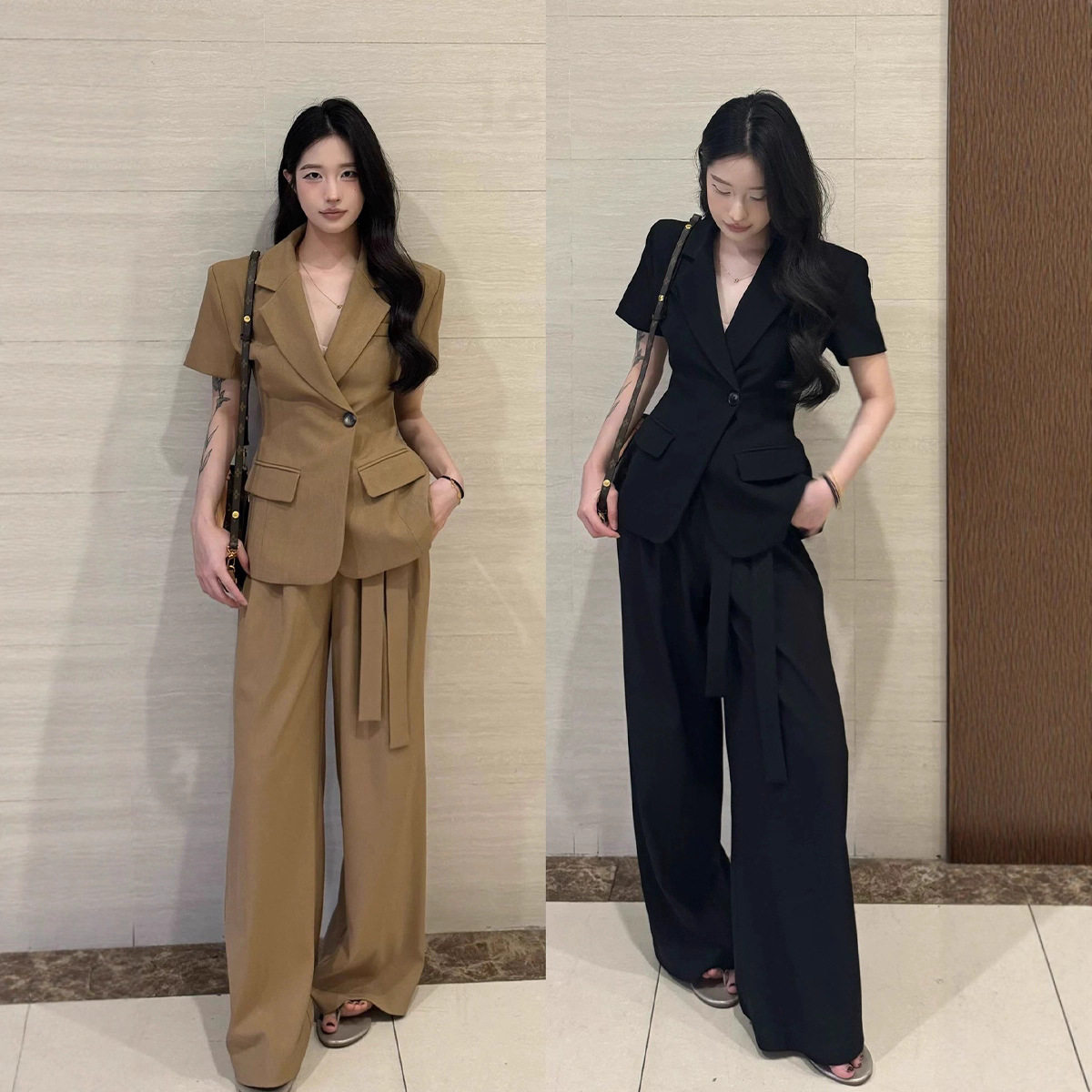春秋新款大码气质黑色西装套装女胖mm韩系高腰阔腿裤两件套25109