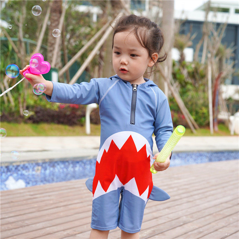 韩国ins风儿童泳衣女童长袖连体鲨鱼防晒泳装小女孩男童冲浪服帅