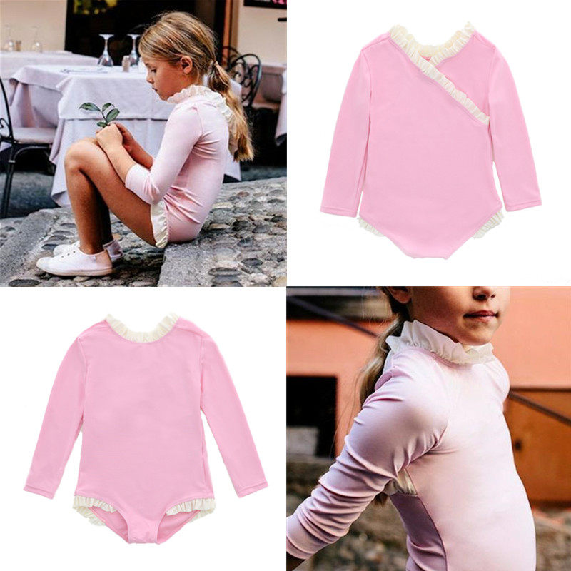 意大利ins风女童泳衣长袖连体 粉色白飞边演出走秀时尚小女孩泳装