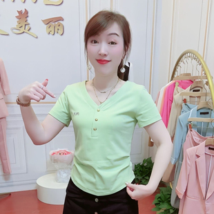 V领夏季 T恤女气质女正肩上衣 设计感纯棉上衣百搭新款 显瘦褶皱短袖