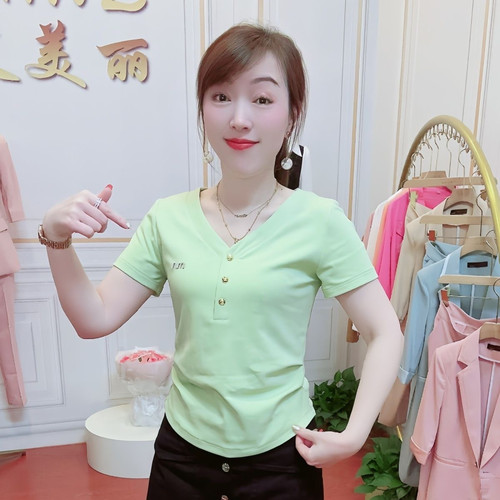 V领薄款百搭棉女简约短袖
