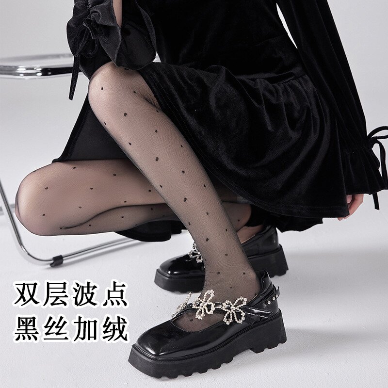 黑色波点丝袜女秋冬加绒加厚黑丝光腿神器假透肉打底裤冬季连裤袜
