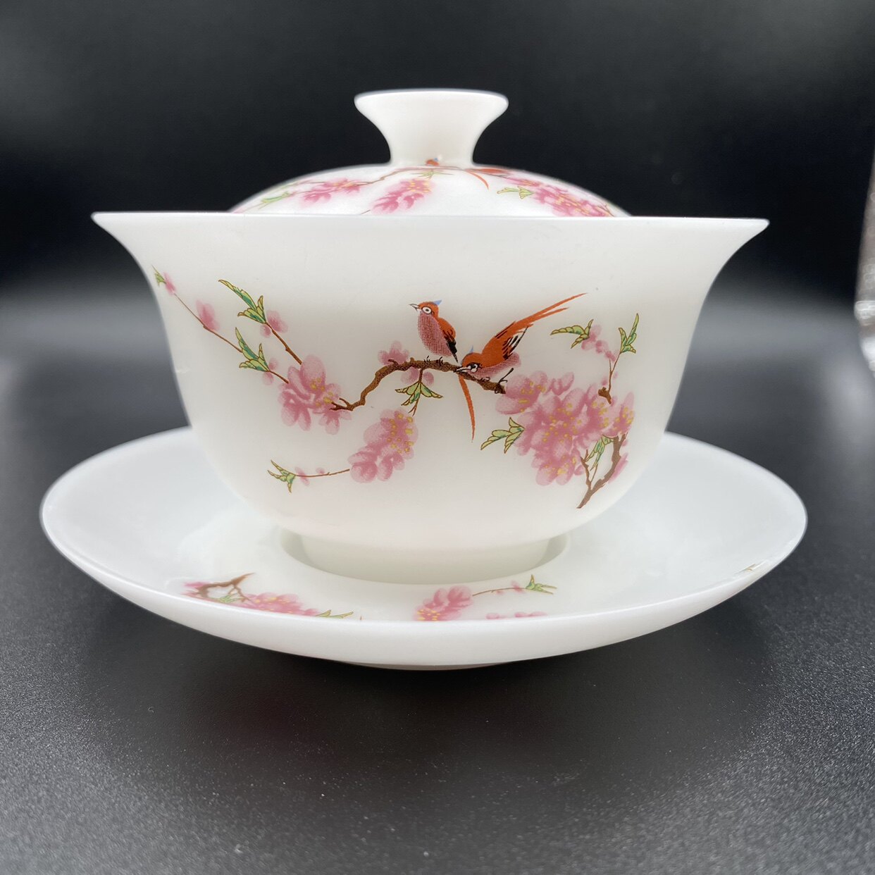 冰种玉瓷素烧薄胎水点桃花高档三才大盖碗德化白瓷家用办公室泡茶