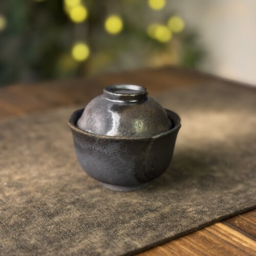 110ml花瓣盖碗186号（微晃盖）墨彩泥 林峰老师 柴烧盖碗