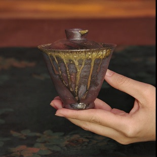 林峰老师 双色绞泥盖碗 满流釉 (支钉缺)特358号 柴烧盖碗