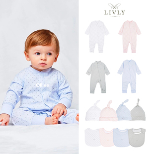 折扣款 现货瑞典Livly纯棉新生儿按扣连体衣匹马棉婴儿帽口水巾