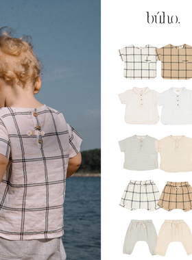 折扣款 现货西班牙 Buho 婴儿男童女童有机棉格子短袖上衣