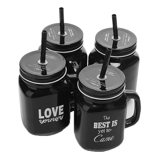 酷黑杯梅森玻璃把杯果汁杯冷饮杯带孔盖杯吸管杯水杯牛奶杯把子杯