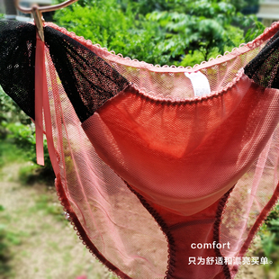 日系黑色性感薄款透明网纱蝴蝶结中高腰三角大码女内裤胖mm200斤