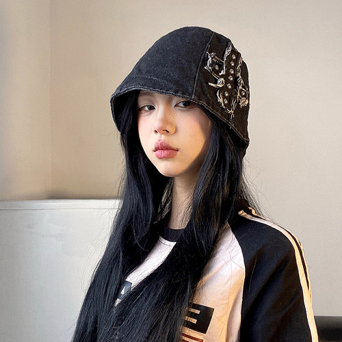 水桶帽小众女牛仔遮脸铆钉十字架