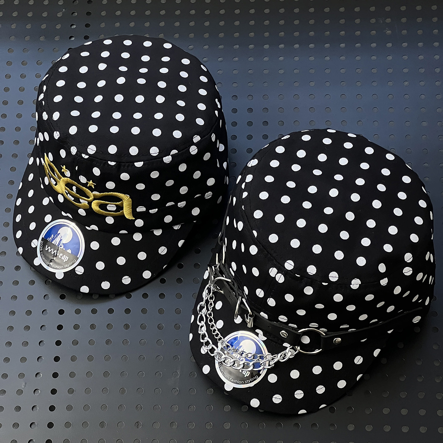 WNCAP帽子韩国黑色波点字母平顶帽女y2k小众宽檐链条鸭舌帽显脸小
